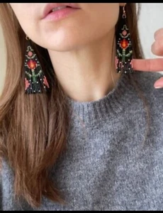Tribal Ohrringe Indianer groß Boho American Rocailles Handarbeit Ohrring - Bild 1 von 8