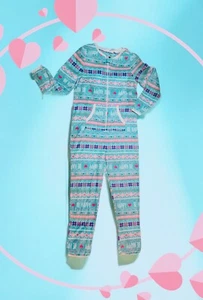 SECRET TREASURES Aqua Pink FAIR ISLE Fleece HEART One Piece Pajamas Womens Large - Picture 1 of 10