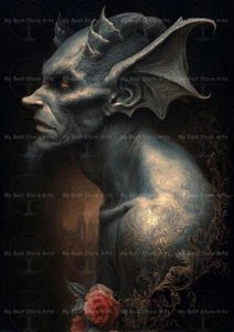 FANTASY DEMON PORTRAIT ART PRINT, Fantasy Creature Poster, Elegant Monster Decor - Picture 1 of 2