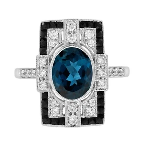 18K White Gold Natural London Blue Topaz Diamond Onyx Art Deco Style Ring - Picture 1 of 11