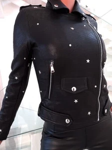 Blu Deise JACKET LUXURY Faux Leather WOMENS Blazer STUDDED STAR B509 BLACK XL - Picture 1 of 9