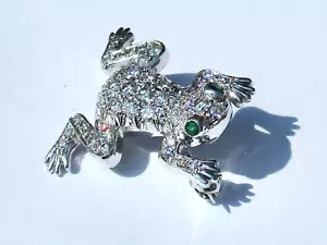 18ct Gold 0.84 Point Diamond & Emerald Frog Brooch / Pin White Gold - Picture 1 of 14