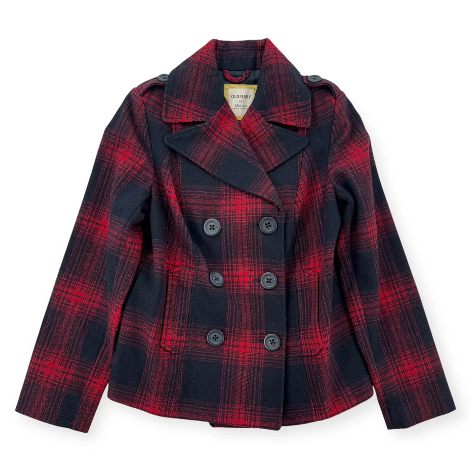Old Navy Jacket Womens Medium Navy Red Plaid Double Breast Blazer Coat Wool Mix - Image 1 of 4