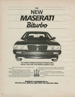 1984 Maserati Biturbo Bold Sleek Quick Power Twin Turbocharged VINTAGE PRINT AD - Image 1 of 2