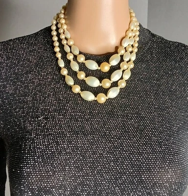 VINTAGE: Mid-Century Large Faux Pearl Triple Strand Bold Design Necklace - Image 1 of 4