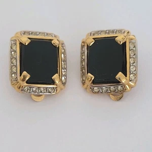 Nina Ricci schwarze rechteckige Onyx klare Strass goldfarbene Ohrclips - Bild 1 von 8