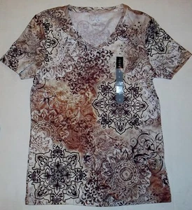 Nicole Miller Floral Print Short Sleeve Rhinestone Accents Soft Tee - Picture 1 of 8
