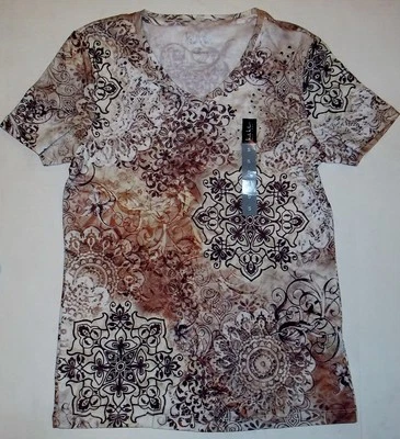 Nicole Miller Floral Print Short Sleeve Rhinestone Accents Soft Tee - Image 1 of 4