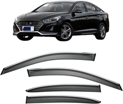 Window Visor Rain Guard Chrome Trim Smoked Tinted Fit Hyundai Sonata 2015-2019 - Image 1 of 4