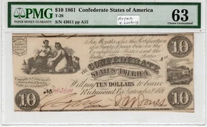 T-28 PF-5 1861 $10 Confederate Paper Money - PMG Choice Unc 63! Hoyer & Ludwig - Picture 1 of 2