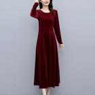 Lady Cocktail Velvet Maxi Dress Long Sleeve Round Neck Swing Evening Party Dress