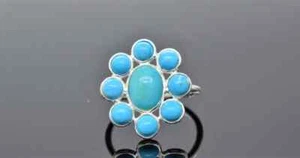 Blue Turquoise Flower Design Ring 925 Sterling Silver Vintage Cocktail Ring Gift - Picture 1 of 10