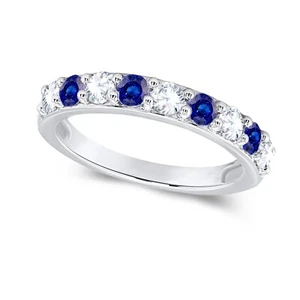 Certified 1Ct Lab Grown Diamond & Natural Sapphire Wedding Band 14K Solid Gold - Picture 1 of 16