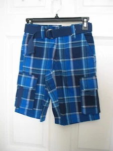 NWT Canyon River Blues 6-pocket boys size 8 cargo shorts with belt blue plaid - Picture 1 of 10