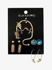 Blackheart Gold Toned Dragon Ear Cuff & 4 earrings set faux Amber, Scales, Wings - Picture 1 of 2