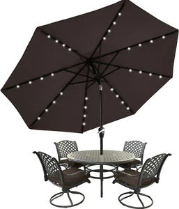 Sombrilla De Patio 10 Pies Grande Marrone Con Luci 32 LED Solare Para Esterno - Foto 1 di 12