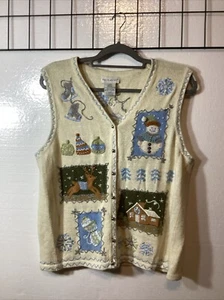 Christmas Vest Ugly Christmas Sweater Large (12 -14) Ivory Silver Green # 58849 - Picture 1 of 10