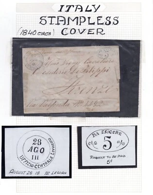 ITALY 1840 STAMPLESS COVER LIVORNO TO FIRENZE WITH EARLIEST POSTAGE DUE MARKING - Image 1 of 3
