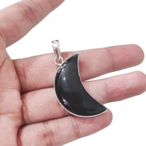 CRESCENT MOON BLACK ONYX GEMSTONE DEC BIRTHSTONE 925 SILVER HUGE UNISEX PENDANT - Picture 1 of 8