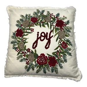 Christmas Throw Decorative Pillow Joy Fringed Approx 18 x 18 Linen Embroidered - Picture 1 of 10