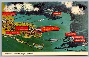 Postcard c1967 Florida Suncoast Vacation Map Cities Unused - Bild 1 von 2
