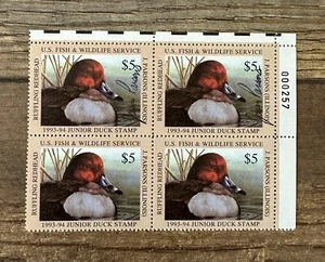 WTDstamps - #JDS1 1993 Plate# Block - Junior Duck Stamp - MNH **ARTIST SIGNED** - Picture 1 of 2