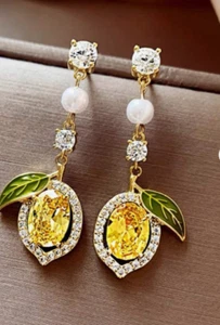 Yellow Rhinestone Drop Dangle Earrings Faux White Pearl Wedding Bridal Prom Stud - Picture 1 of 8