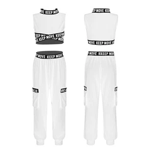 Girls 2Pcs Crop Top+Pants Set Letters Printed Tracksuit Suit Gym Sports Outfits - Picture 1 of 30