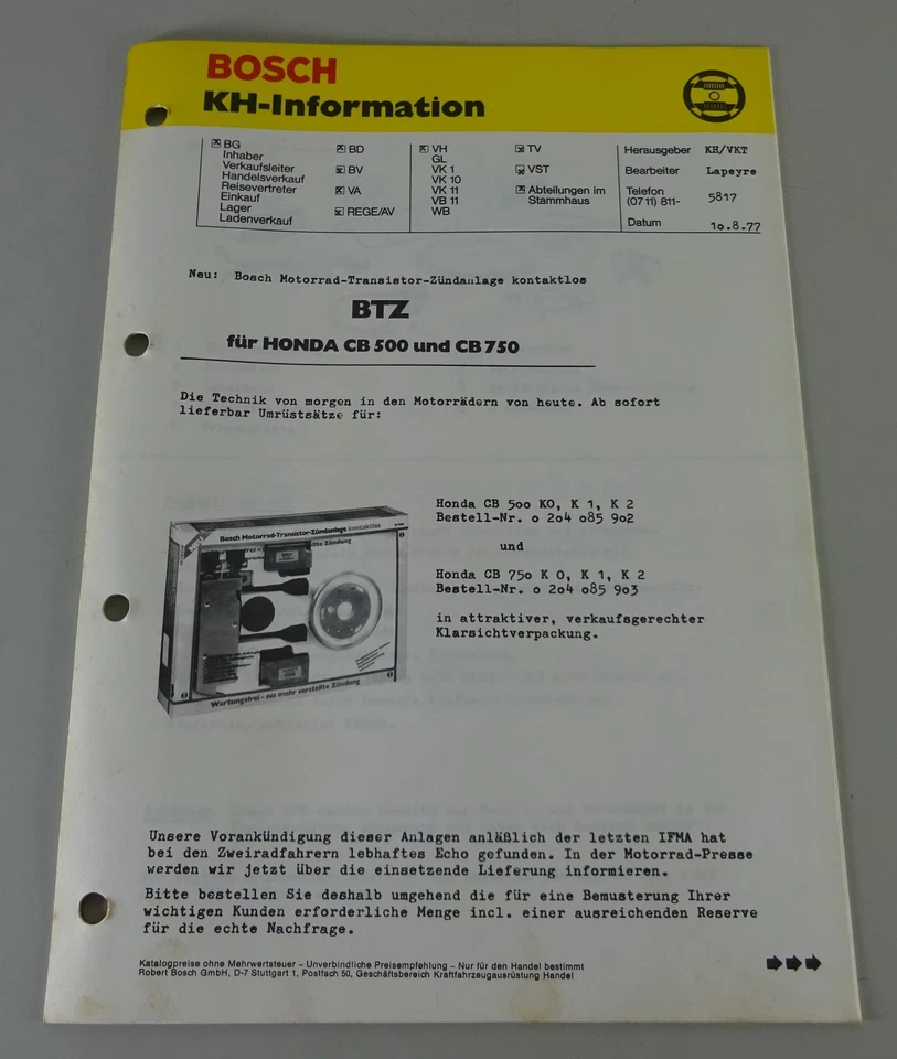 Información Técnica Bosch Kotaktlose Encendido para Honda CB 500 / CB 750 1977 - Imagen 1 de 1