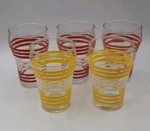 Vintage Dominion Glass Striped Juice Glasses 1960s Set of 5 Red and Yellow Rare - Picture 1 of 6