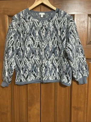 Garnet Hill 100% Cashmere Ikat Style Sweater Women’s Size Medium Gray Blue White - Image 1 of 4