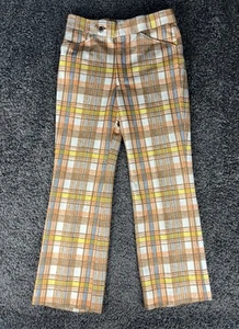 Men's VTG 1970s Yellow & Blue Plaid Lee Pants Sz 28x31 70s Polyester Made In USA - Picture 1 of 10