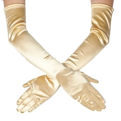  Women's Evening Party Mittens 21" Long Black/White Satin Finger Gloves Gold - Image 1 of 4