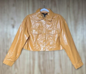 Trucker Tangerine Forever 21 Faux Leather Cropped Utility Jacket Size Medium NEW - Picture 1 of 15