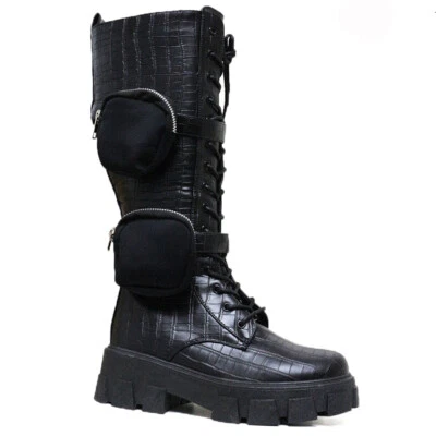 LADIES PUNK GOTH CHUNKY WINTER WALKING RETRO ARMY COMBAT ANKLE ZIP UP BOOTS SIZE