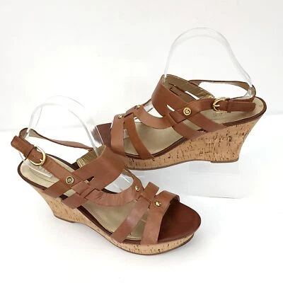 Zapatos para mujer Guess de corcho con cuña punta abierta de cuero marrón talla 9,5 Foto 1 de 4