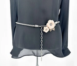 Brighton Silver Tone Chain Leather Flower Belt Necklace Blush Pink Green Floral - Picture 1 of 12