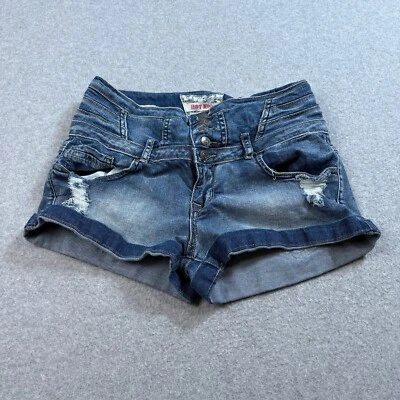 Pantalones Cortos Hot Kiss Mujer 9 (28x2) Azul Tiro Bajo Puños Botín Elastizados Envejecidos Y2K Foto 1 de 4
