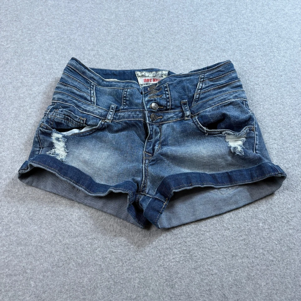 Pantalones Cortos Hot Kiss Mujer 9 (28x2) Azul Tiro Bajo Puños Botín Elastizados Envejecidos Y2K Foto 1 de 4