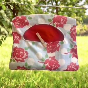 Vintage Handmade Clothespin Clothes Pin Laundry Bag Red Roses Blue Cottage Print - Picture 1 of 7