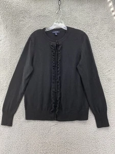 Lands' End Black Cashmere Cardigan Sweater Ruffle Button Up Size M - Picture 1 of 8