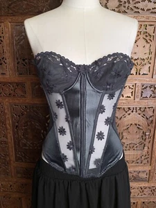 Black Corset Romantic Goth Floral Daisy 90s Y2k Vintage Small S - Picture 1 of 6