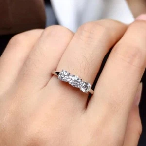 1.50 Carat Round Cut Three Stone Wedding Engagement Ring Solid 14K White Gold - Picture 1 of 8