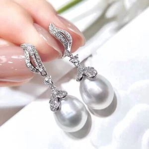 gorgeous 10-11mmsouth sea drop white pearl dangle earring 925s(t) - Picture 1 of 4