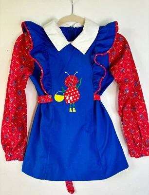 VTG 60'S CHOCOLATE SOUP*RUFFLED PATCHWORK LADY BUG APPLIQUÉ MINI DRESS*GIRLS 8/M - Image 1 of 4