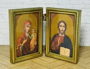 Vintage Orthodox Double Hinged Frames Gold Embossed Mary and Jesus - Picture 1 of 6