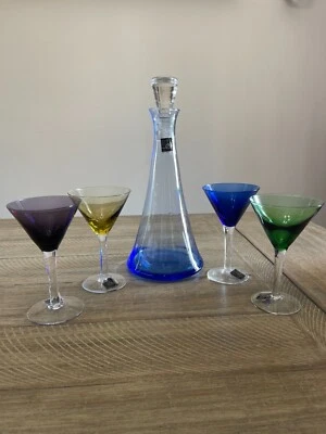 Circleware Martini set 4 glasses decanter bottle top colorful blue green stemmed - Image 1 of 4
