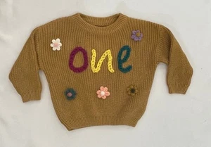 Suéter Primer Cumpleaños Bebé Niño Niñas | Top Mostaza Bordado a Mano UNO Top NUEVO - Imagen 1 de 1