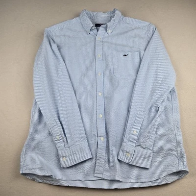 Vineyard Vines 男式 L/S 衬衫 XL 泡泡纱白色/蓝色条纹 — 第 1/4 张图片