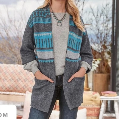 Cárdigan tejido largo frente abierto Sundance Boho Southwest gris azul S bolsillos acogedores Foto 1 de 4